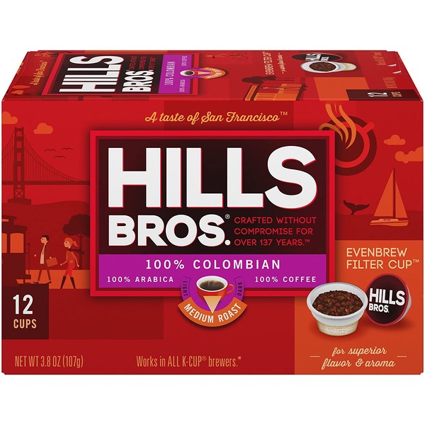Hills Bros Single Serve Coffee Pods,100% Colombian Ground Coffee, Medium Roast, 12 Count –Keurig Compatible, Roasted 100% Premium Arabica Coffee Beans, Smooth Balanced Flavor