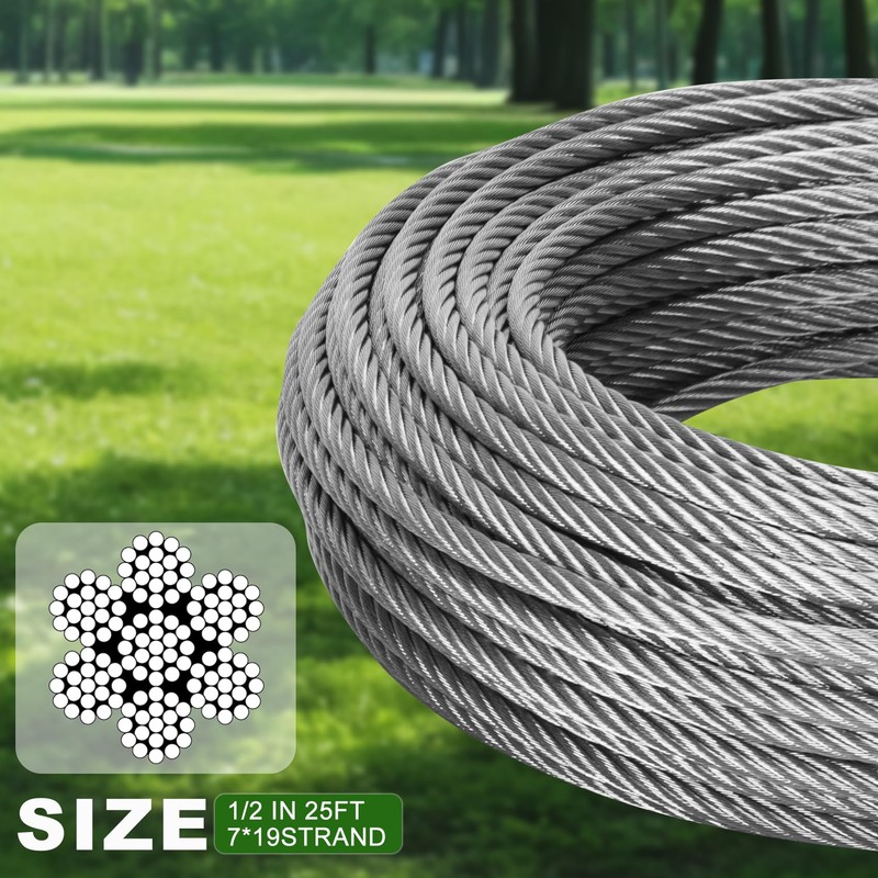 Mariocsa 1/2" Stainless Steel Cable 25FT, 7x19 Strands Wire Rope,