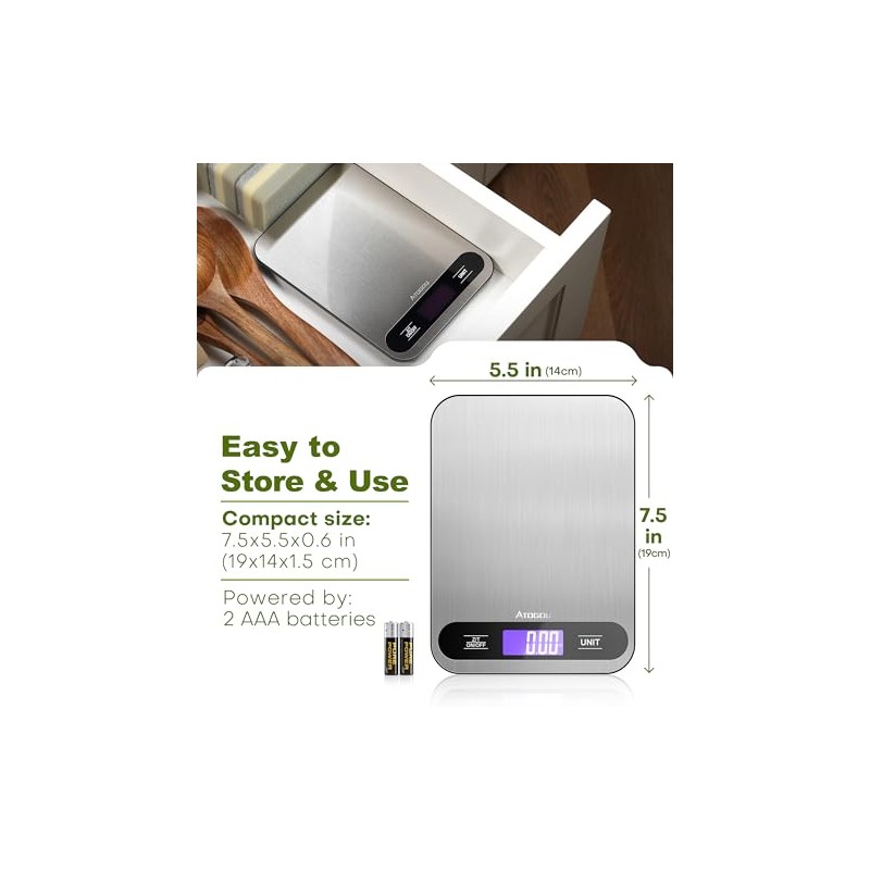 Atogou Food Scale, 33lb/ 15kg Digital Kitchen Scale with Full