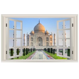 VWAQ - Taj Mahal Wall Art Decal 3D Window View Sticker Peel and Stick Scenic Mural - NWT16 (36" H X 54" W)