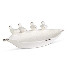 K&K Interiors White Ceramic Leaf Bowl W/4 Song Birds