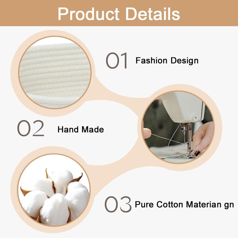 3-Pack Woven Storage Baskets, Cotton Rope Baskets, Oval Small Storage