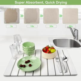 Large Stone Dish Drying Mat for Kitchen Counter, Quick Dry Absorbent Dish Drying Mat 24x16, Diatomaceous Earth Dish Drying Mat, Collapsible Drying Matt Kitchen Counter Top Dish Pads for Drying, White