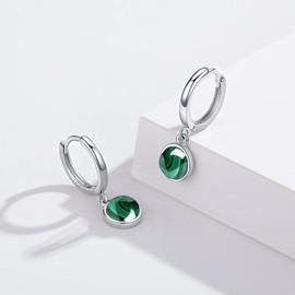 Cuoka Malachite Earrings 925 Sterling Silver Round Malachite Bead Drop Earrings Malachite Small Hoop Dangle Earrings Jewelry for Women
