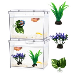 MoonOrange Mini Betta Fish Tank, Small Fish Bowl for Temporary Space, 0.2 Gallon Stackable Cube Tank with Artificial Plants and Gravels for Small Fish, Insect, Shrimp, Crab, Spider.(Pack-2)