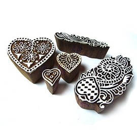 Designer Heart and Floral Designs Wooden Printing Stamps (Set of 5)