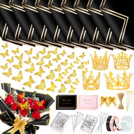 338Pcs Flower Bouquet Wrapping Paper Kit, Waterproof Floral Wrapping Paper Florist Bouquet Supplies with Crowns Butterfly Flower Pins Greeting Cards and Ribbons for Birthday Wedding DIY Craft（Black）