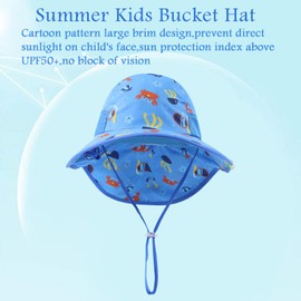 PESAAT Summer Toddler Girl Neck Protection Hat Wide Brim Kids Boys Bucket Hats UPF50+ Mesh Beach Cap 3-8 Years (Blue Ocean World)