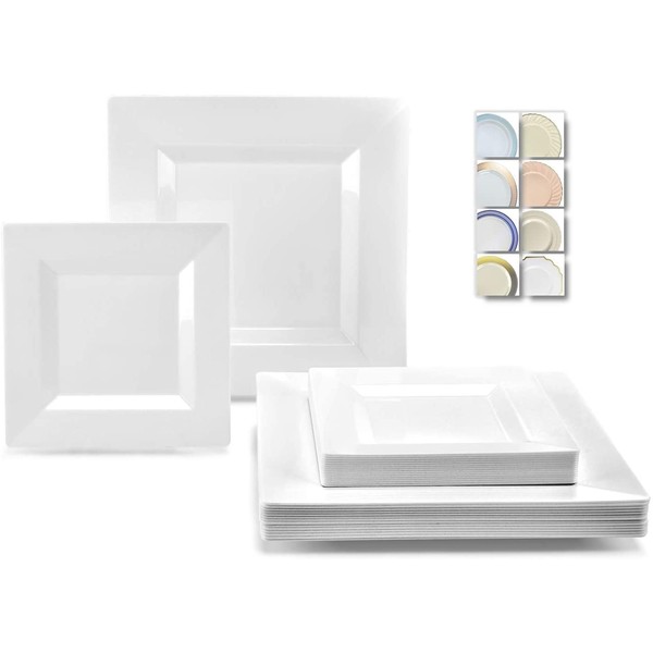 " OCCASIONS " 240 Plates Pack,(120 Guests) Wedding Party Square Disposable Plastic Plates Set -120 x 9.5'' Dinner + 120 x 6.5'' Dessert (Square White)