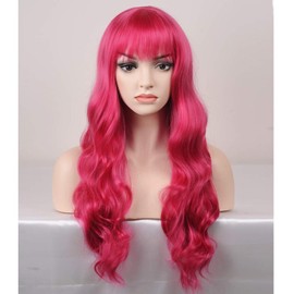 BERON 23 Inches Hot Pink Wig Long Curly Wig with Bangs Synthetic Wig Women Girls Wig Rose Red Wigs with Wig Cap