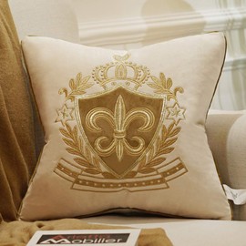 Avigers 20 x 20 Inch Shield Embroidery Velvet Cushion Cover Luxury European Pillow Case Pillowcase Home Decorative for Sofa Chair Bedroom Throw Pillow, Beige