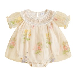 Infant Baby Girl Romper Dress Newborn Baby Girls' Bodysuits Flower Embroidery Jumpsuit Skirt Tulle Princess Dress A-Line Pageant Baptism Wedding Birthday Party Dress (Apricot, 12-18 Months)