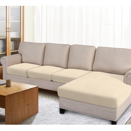 Granbest 4 Piece Waterproof Sectional Cushion Cover for L Shape Sofa, Stretch Separate Cushion Chaise Lounge Cover Elastic Furniture Protector for Kids, Pets, Dogs（3 Seater+Chaise,Beige）