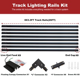 LRAEMXG 26FT H Track Lighting Rails Black, H Type Track Lighting Rails Kit with Floating Canopy Connector, End Caps, Live End Feed, L Connectors, Compatible with 3-Wire Single Circuit H Style System