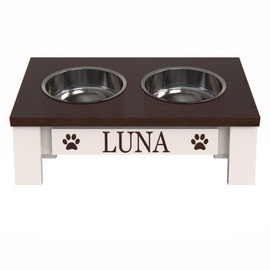 GTW Classic Dog Feeder - Elevated Stand with Stainless Steel Bowls Farmhouse Style, Anti-Slip, Easy Clean, Chic & Durable Design (Tilted, Dark Walnut)