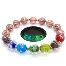 Glow in The Dark Chakra Beaded Bracelets for Women Men 7-8", 12mm Lampwork Rainbow Beads Rose Gold Lava Rock Anxiety Bracelets, Stress Relief Adjustable Stretch Bracelet/Shamballa Bracelet