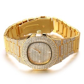 Halukakah Diamond Gold Watch Iced Out, Men's 18 Carat Real Gold/Platinum White Gold Plated Quartz Bracelet 24 cm Oval Dial, with Tennis Chains Necklace Bracelet Set Options, Comes with Gift Box,