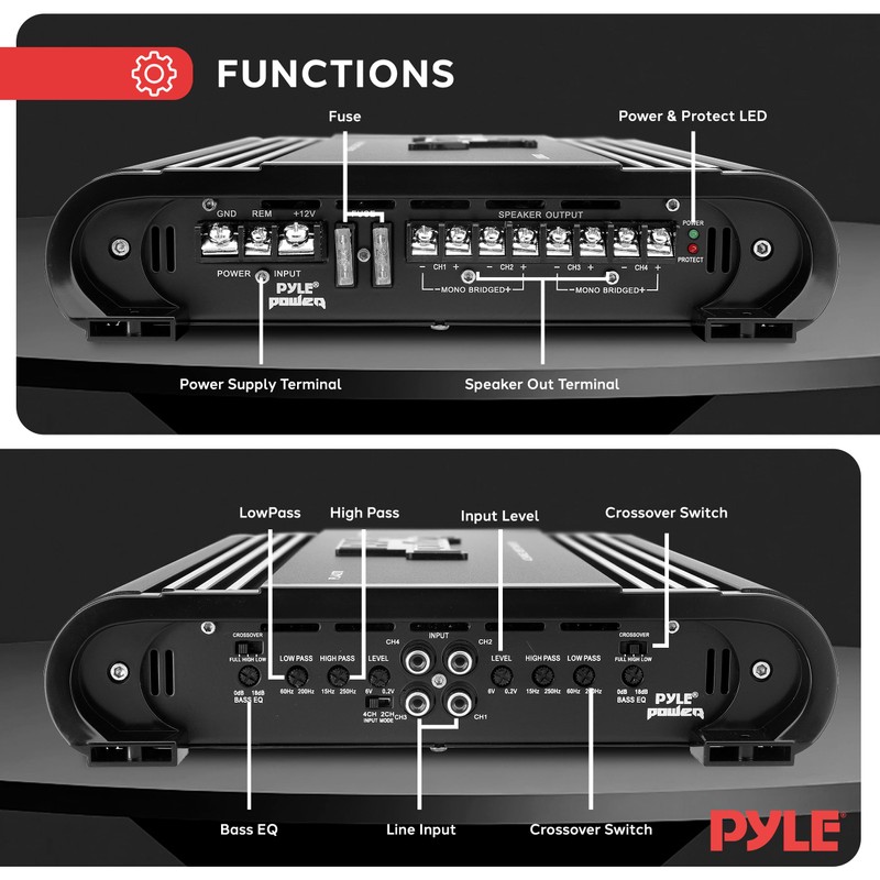 Pyle 2000W 4-Channel Car Stereo Amplifier - Bridgeable MOSFET Power