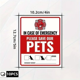 AIMALL 10PCS Emergency Pet Alert Stickers 4x5in Waterproof Vinyl Safety Decals with Writable Area for Dog Cat Rescue, Heat and Scratch Resistant Window Door Signs