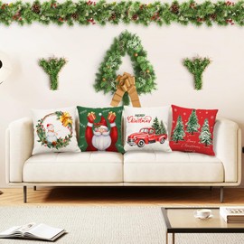 Christmas Pillow Covers 18x18 Set of 4 Red Christmas tree Pillow Cases Merry Christmas Truck Santa Claus Winter Holiday Decor Throw Cushion Case for Home Outdoor Couch Covers Decorations 18inches