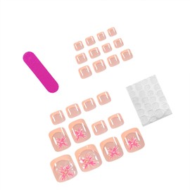 3D Flower Press on Toenails with Yellow French Tip False Toenails Glossy Short Square Toe Nails Reusable Full Cover Toe Nails for Women