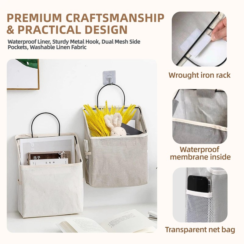 2pcs Linen Cotton Multi-Pocket Wall Hanging Bag with Hooks (Grey)