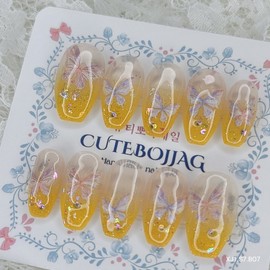 Spring Glow Butterfly Handmade Nail Tips - Square L / 봄 글로우 나비 수제네일팁 - 스퀘어L