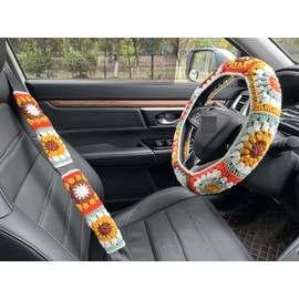 Steering Wheel Cover,Handmade Crochet Rainbow Sunflower Granny Square Steering Wheel Covers (Steering Wheel Cover+2 Belt Cover)