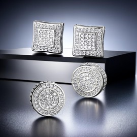 Gold Plated & Silver CZ Stud Earrings - Men's Large Square Earrings Set - Aretes De Hombre