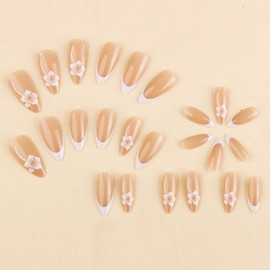 Flowers Press on Nails Almond Short Fake Nails with Designs False Nails Florals Glossy Full Cover Acrylic Glue on Nails Summer Artificial Stick on Nails for Women Manicure 24 PCS