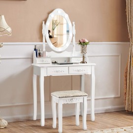 CHARMAID Makeup Vanity Table with 10 LED Lights, 4 Drawers, Storage Shelf, Rose Knob, Bedroom Dressing Makeup Table Vanity Desk with Cushioned Stool for Girls Women (White)