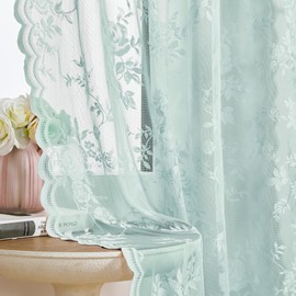 Pastel Turquoise Lace Curtains 63 Inch Length 2 Panels Aqua Floral Sheer Curtains for Bedroom Living Room Rod Pocket Light Filtering Ocean Coastal Lace Window Curtains for Neutral Privacy Decor, 52x63