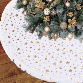 CJWLKJ Christmas Tree Skirt Decorations, 36 inches Large White & Gold Luxury Faux Fur Tree Skirt with Star Super Soft Thick Plush Tree Skirt for Xmas Tree Decor