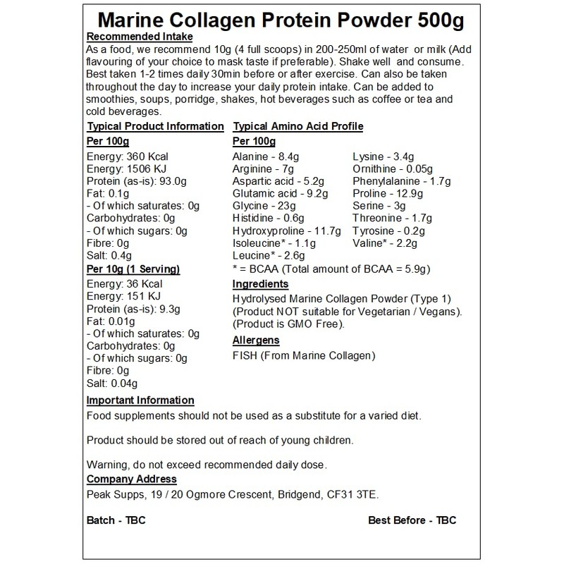 Marine/Fish Collagen Powder 500g - Type 1 Marine Collagen Hydrolysed