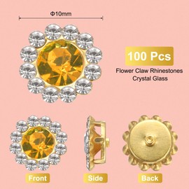 sourcing map 100pcs Sew on Rhinestones, 10mm Flower Claw Rhinestones Crystal Glass Metal Base Sewing Gems Buttons for Sewing Accessories Clothes Shoes Earring Belt Crafts, Orange
