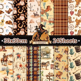 24 Sheets Western Cowboy Pattern Pad 11.8'' x 11.8'' Wild West Scrapbook Paper Western Motifs Cowboy Boots Hats Desert Cactus Rodeo Patterned Double-Sided Cardstock Paper for DIY Card Making Origami