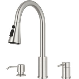 DAYONE 3 Holes Kitchen Faucets with Soap Dispenser, 2 Holes Brushed Nickel Kitchen Sink Faucet with Pull Down Sprayer, Side Single Handle High Arc 3 Pieces, DAY-CR277
