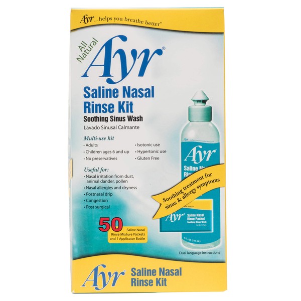 Ayr Saline Nasal Rinse Kit Soothing Sinus Wash, 50-Count Saline Nasal Rinse Mixture Packets Plus Applicator Bottle (Pack of 2)