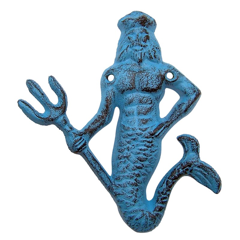 Blue Cast Iron King Neptune Wall Hooks, Set of 2,