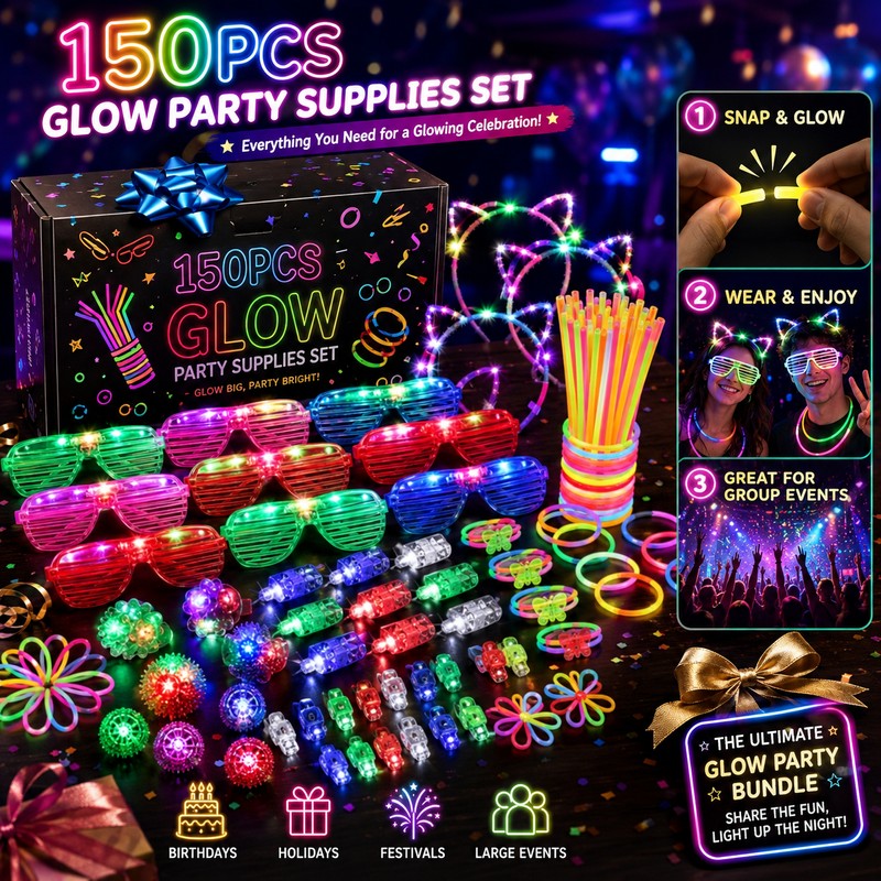 150-Piece Glow Party Favor Set for Night Events – Light