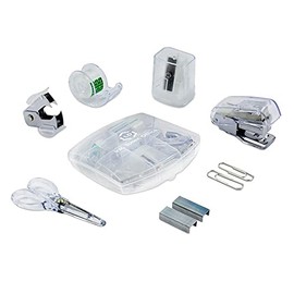 LD Clear Mini Office Supply Kit Portable Case with Scissors, Paper Clips, Tape Dispenser, Pencil Sharpener, Stapler & Staple Remover