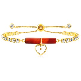 Yongxu Gold Plated Rectangular Red Agate Bolo Bracelet for Women | Cubic Zirconia Tennis Bracelets with Heart Charm and Mustard Seed | Christian Jewelry for Christmas Easter