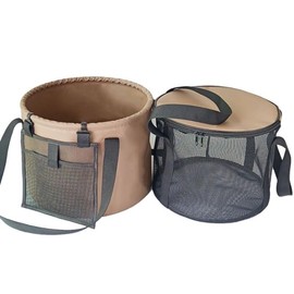 Stability1_ Folding Bucket Camping Outdoor Mesh Pocket, Multi-functional Bucket, Brown, Disaster Preparedness, Fishing,, Casual