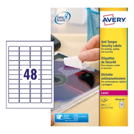 Avery L6113-20 Anti Tamper Labels (A4 Sheets of 45.7 x 21.2 mm, 48 Labels per Sheet, 20 Sheets) - White