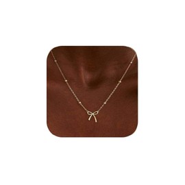 Qiansail Bow Necklace Fashion Bow Pendant Necklaces Cute Bead Choker Chain Jewelry Gifts Stocking Stuffers for Women (Gold)