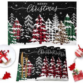 Christmas Tree Black Placemats Set of 6 Washable Table Mats for Kitchen Dining Table, Winter Cotton Linen Place Mats for Indoor Outdoor Parties Holiday Decoration, Snowflake Leopard Buffalo Plaid
