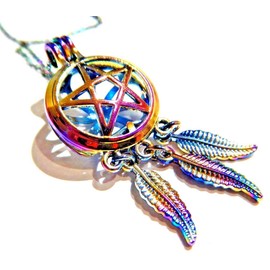 Rainbow Pentagram Dream Catcher Pearl Locket Pendant Pentacle cage Dreamcatcher Anodized Steel Perfume Bead Necklace