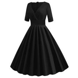 Women 1950s Retro Vintage V Neck Cocktail Swing Dress 50s Roll Short Sleeves Audrey Hepburn Rockabilly Prom Evening Dress Pleated Wedding Formal Tea Party Elegant Midi Evening Dress Black-V Neck XXL