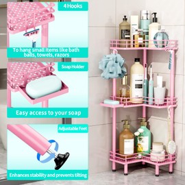 HapiRm Corner Shower Caddy Standing - 3 Tier Shower Organizer Corner with Soap Holder, Rustproof Bathroom Standing Organizer with 4 Hooks, Pink