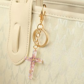 Angyape Cute Christian Cross Keychain for Women Purse Bag Charms Car Key Rings Accessories Flower Design Jesus Faith Gifts